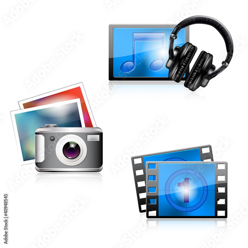 Vector: Set of glossy media icons - photo/music/video. Vector file. Set of glossy media icons - photo/music/video. Vector file.