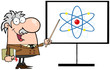 Happy Caucasian Professor Discussing An Atom Diagram