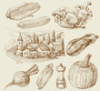 Village houses sketch with food