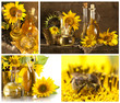 Bottle of sunflower oil with flower Collage