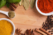 Frame composition of spices on wood,anise,cinnamon,laurel