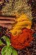 Closeup of spices composition, anise, cinnamon, paprica, curry,