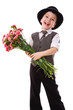 Happy boy with a bouquet of carnations