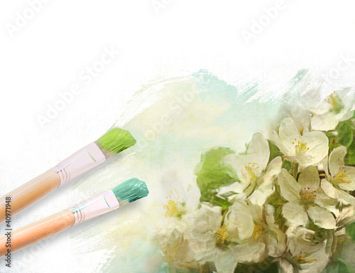 Foto: Artist brushes with a half finshed painted floral canvas Artist brushes with a half finshed painted floral canvas