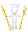 The Master Chef holding a Golden fork and a knife