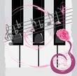Piano keys, notes and abstract guitar with rose Piano keys, notes and abstract guitar with rose