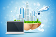 Blue Backgtound with Business City Laptop and Aircraft