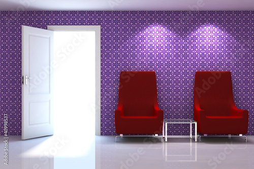 Illustration: 3d interior scene of a red couch on white classic wall 3d interior scene of a red couch on white classic wall