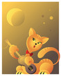 Red cat playing guitar in the moonlight