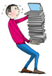 Foto: Unhappy worker bringing pile of notebooks, cartoon Unhappy worker bringing pile of notebooks, cartoon