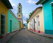 Church and by colorful houses in the town of Trinid