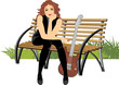 Beautiful woman sitting with guitar on the wooden bench Beautiful woman sitting with guitar on the wooden bench