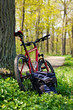Bike and Backpack against the background of nature in spring