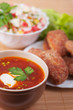 Burgers, crab salad and Russian borscht