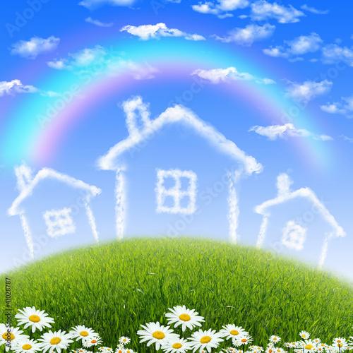 Illustration: House from white clouds against blue sky House from white clouds against blue sky