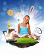 Illustration: Smiling girl on green grass Smiling girl on green grass