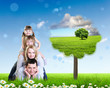 Collage with children and parents on green grass