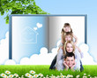 Collage with children and parents on green grass