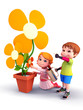 Kids with flowers and water spray