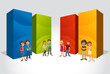Teenager students in front of colorful boxes