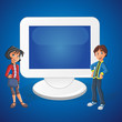 Cartoon teenager couple and computer screen with empty space