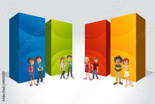 Vector: Teenager students in front of colorful boxes Teenager students in front of colorful boxes