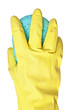 Hand in glove holding washing sponge, isolated over white Hand in glove holding washing sponge, isolated over white