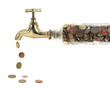 Money coins fall out of the golden tap
