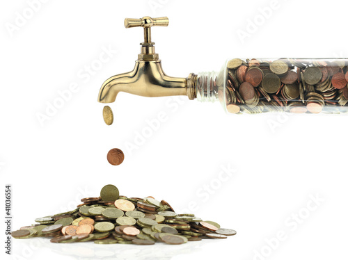 Photo: Money coins fall out of the golden tap Money coins fall out of the golden tap