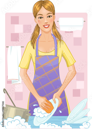 Vector: Young woman washing dishes Young woman washing dishes