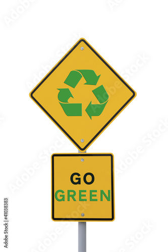 Photo: "Go Green" Sign on White with Clipping Path "Go Green" Sign on White with Clipping Path