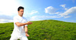 Photo: Man in white cloth in the morning at hill background Man in white cloth in the morning at hill background