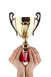 Hands with winners cup on white