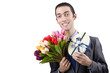 Businessman with giftbox and flowers