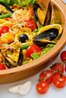 rice with seafood close up in a dish
