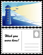 Retro Travel Postcard, lighthouse, beacon, dawn ocean landscape