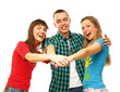 Happy college friends , their hands together
