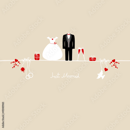 Wedding Symbols Just Married Beige Background Wedding Symbols Just Married Beige Background