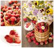 strawberries   collage, fruit basket and cake