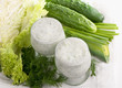 Dairy-grassy drink, branch of parsley cucumber and salad leaves Dairy-grassy drink, branch of parsley cucumber and salad leaves
