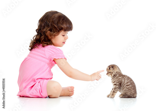 Photo: funny child playing and bringing up Scottish kitten funny child playing and bringing up Scottish kitten