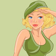Cartoon female soldier gives honor. Vector illustration.