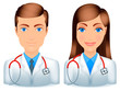 Cartoon male and female doctors with stethoscopes.