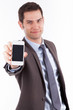 Young cuacasian businessman showing something on a smartphone
