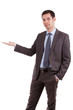 Portrait of a young caucasian business man holding something