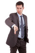 Young caucasian business man making thumbs down