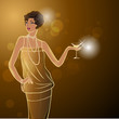 Retro party invitation design with girl. Vector illustration.