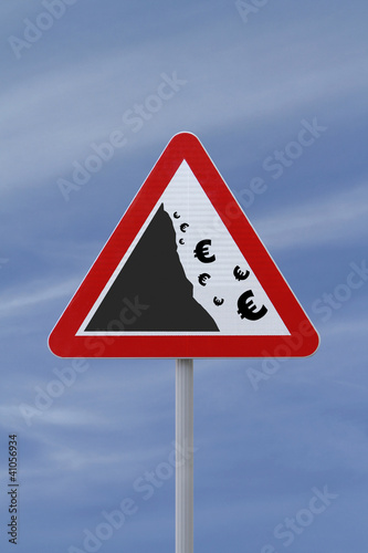 Photo: “Falling Euro”Conceptual Warning Sign “Falling Euro”Conceptual Warning Sign