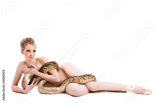 Photo: attractive nude ballerina lying with python on isolated white attractive nude ballerina lying with python on isolated white