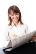 Happy woman with newspaper, over white